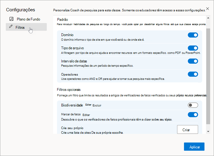Captura de tela da guia filtros nas configurações que estão sendo selecionadas