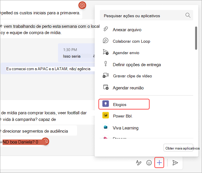 Captura de ecrã a mostrar como enviar elogios a alguém numa conversa