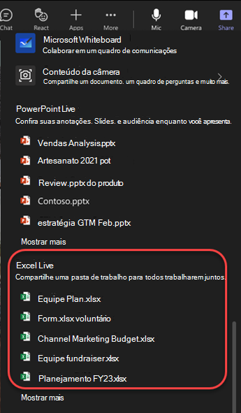 Captura de tela das opções de compartilhamento destacando arquivos do Excel na reunião do Teams.