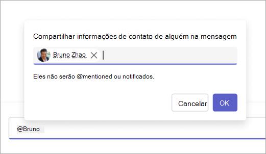Captura de tela mostrando um contato pronto para compartilhar na caixa de composição.
