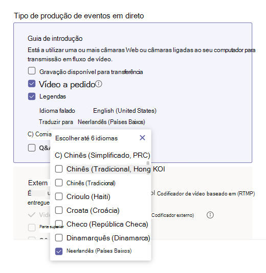 Menu idiomas disponíveis