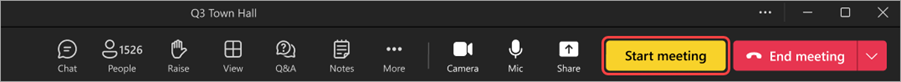 Captura de tela realçando a interface do usuário para iniciar uma reunião geral a partir da sala de espera