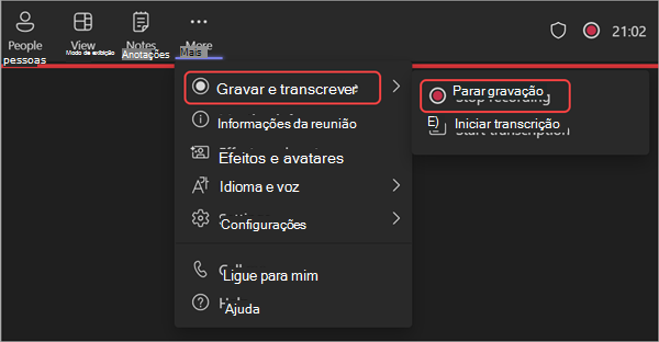 Captura de ecrã a mostrar como parar a gravação durante um webinar