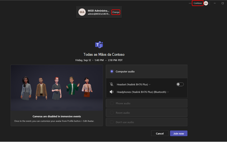 Captura de ecrã a mostrar como mudar de organização no ecrã de pré-adesão do Teams.