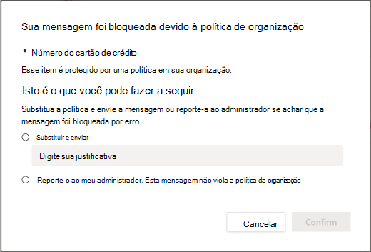 Opções de substituição da política de prevenção de perda de dados organizacionais