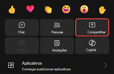 Um menu em uma reunião com opções para iniciar a gravação, colocar-se em espera, chamar a si mesmo, compartilhar, obter um dialpad ou desativar o vídeo de entrada.