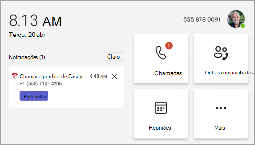 tela inicial do telefone do teams