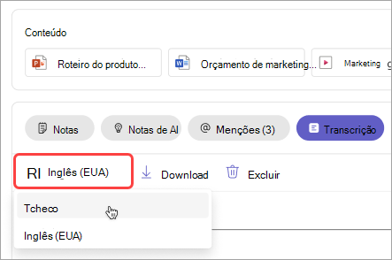 Captura de tela mostrando como alterar a linguagem de transcrição na recapitulação da reunião.