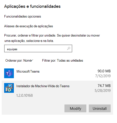 Uma etapa no processo de desinstalação do Teams para Windows