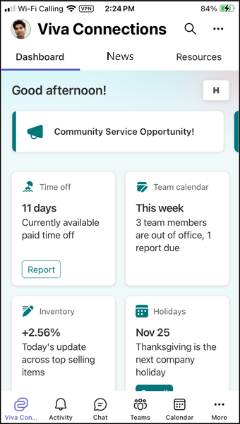 Screenshot of Viva Connections on mobile.