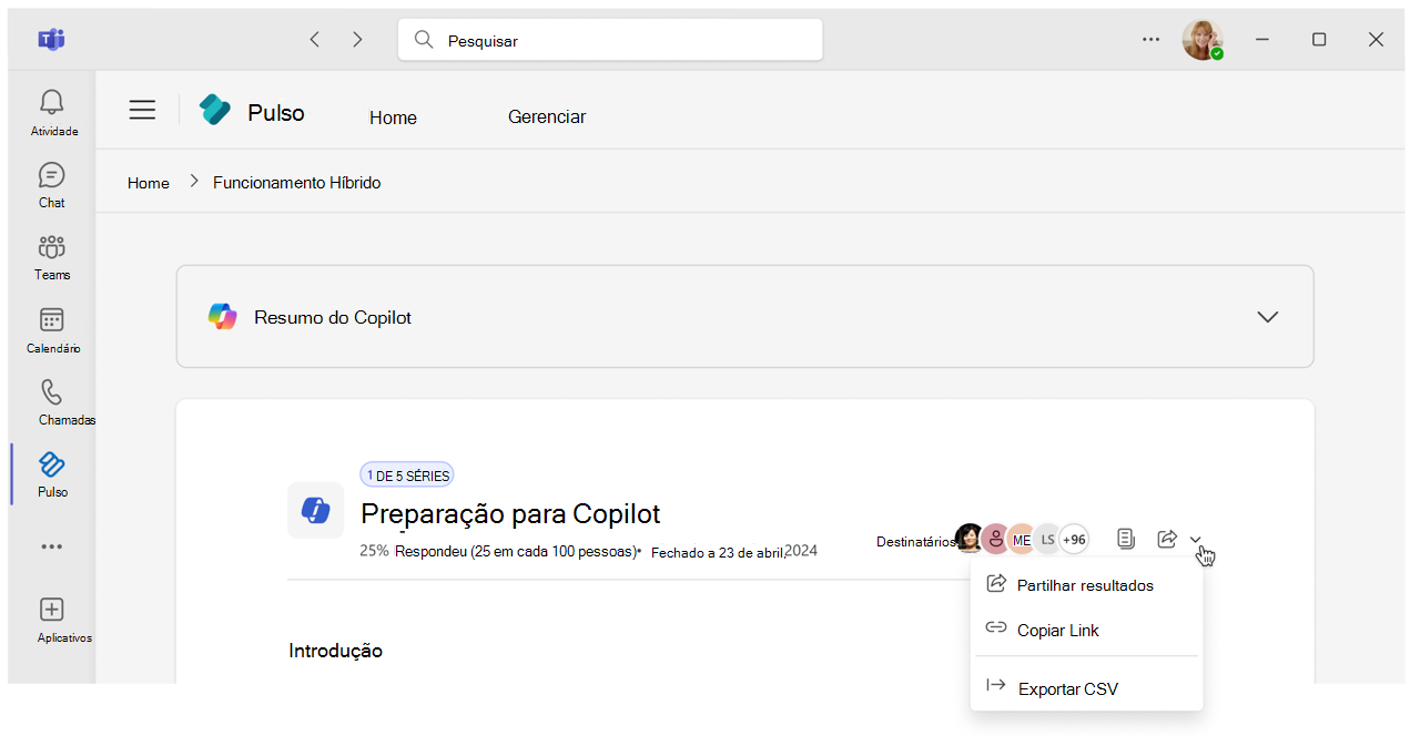 Botão Exportar no relatório do Pulse