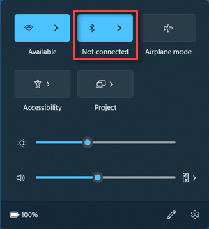 O botão Bluetooth no estado Não ligado nas Definições Rápidas.