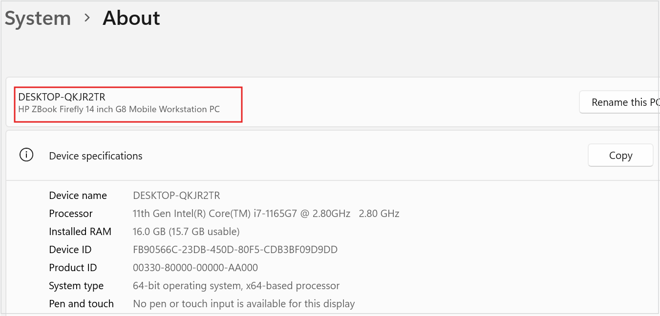 Captura de ecrã do modelo e nome do dispositivo PCs