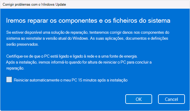 Captura de tela da opção de reinstalação Windows Update.