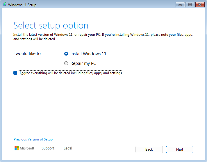 Captura de tela da instalação do Windows 11 usando a mídia de instalação.