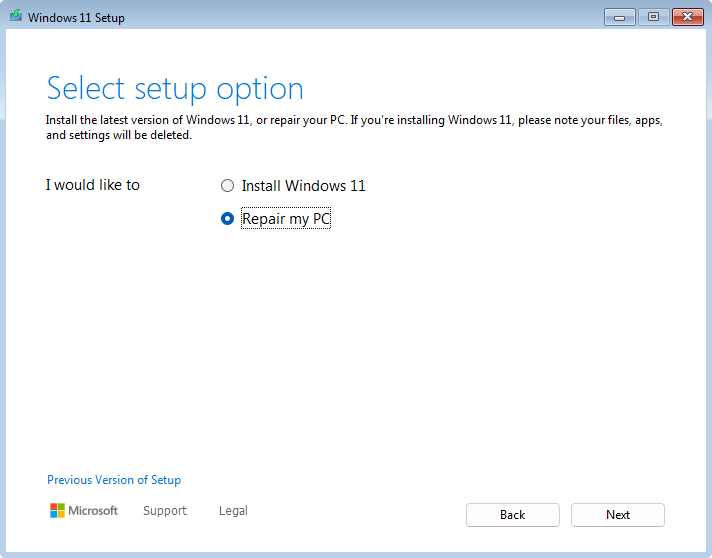 Captura de tela da instalação do Windows 11 com a seleção para reparar o computador.
