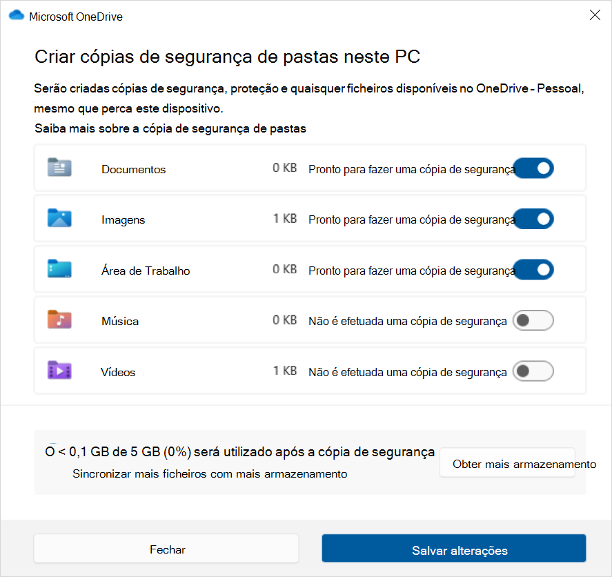 Captura de tela do Backup do OneDrive no Windows 10.