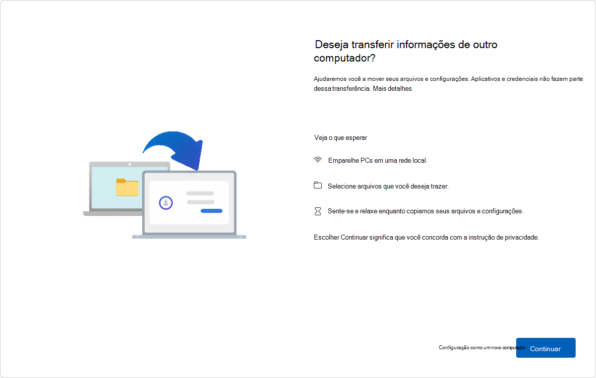 Captura de tela da página OOBE mostrando a opção de transferência de PC para PC.