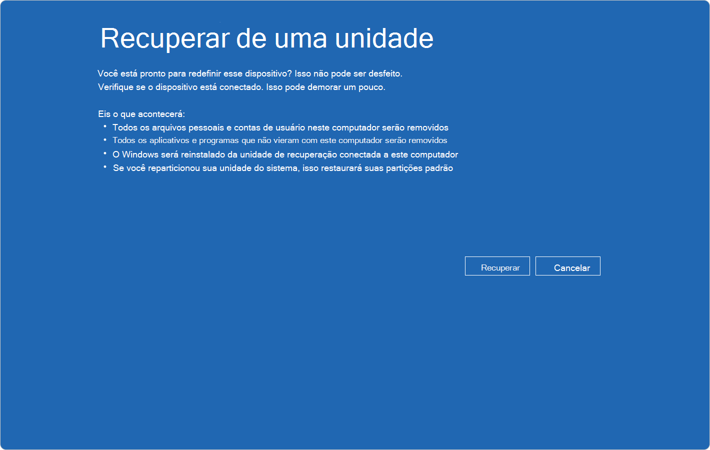 Captura de tela de Windows RE mostrando a recuperação de uma confirmação de unidade