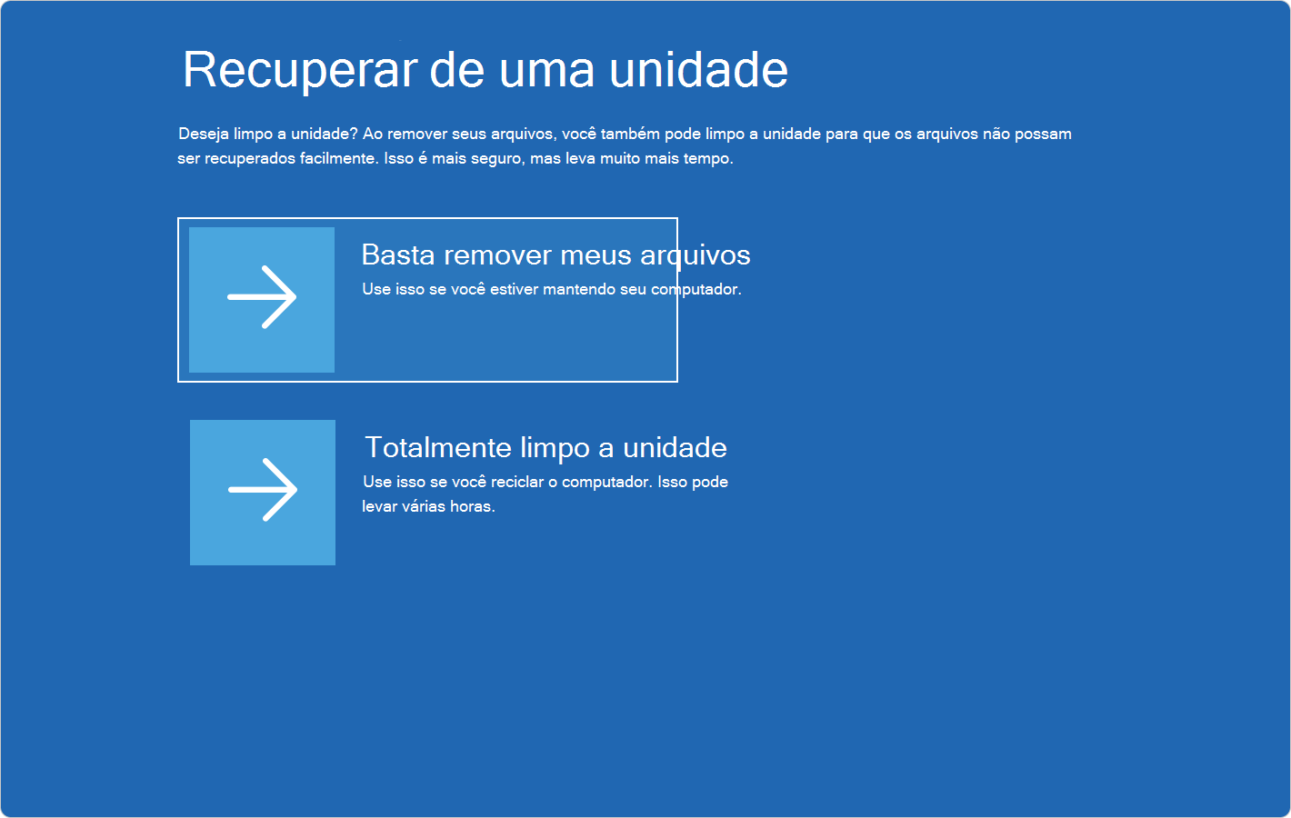 Captura de tela do Windows RE a mostrar as opções para recuperar de uma unidade
