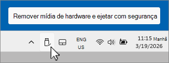 Captura de tela do ícone Remover dispositivo USB com segurança na bandeja de notificação.