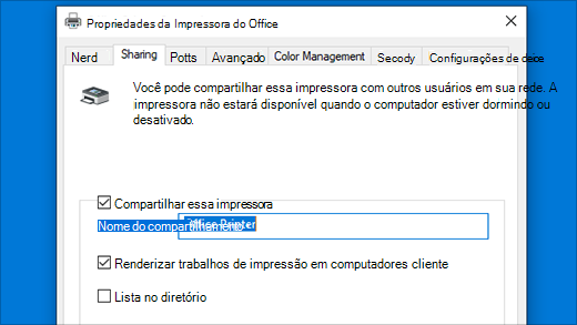Compartilhando uma impressora em Propriedades da Impressora