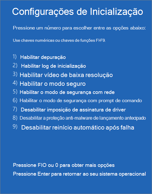 Captura de tela da lista de configurações de inicialização.