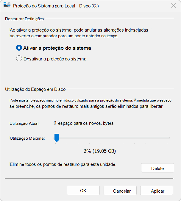 Captura de ecrã a mostrar a Proteção do Sistema.