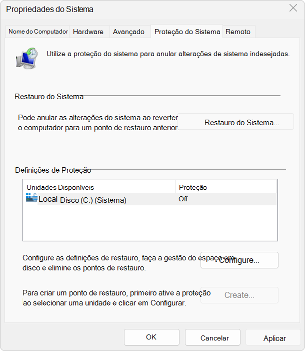 Captura de ecrã a mostrar as definições da Proteção do Sistema.