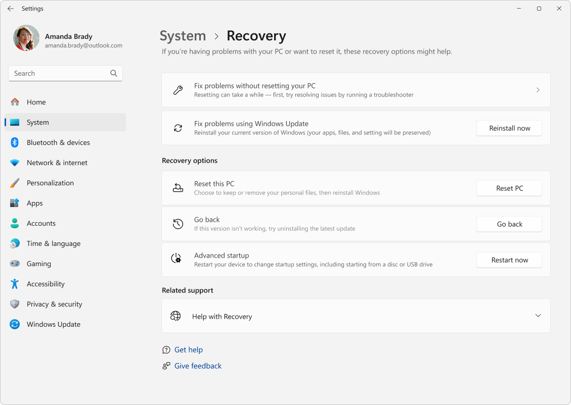 Captura de tela de Configurações – Sistema – Recuperação.