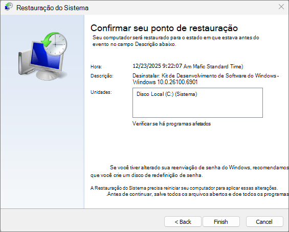 Captura de ecrã a mostrar o Restauro do Sistema.