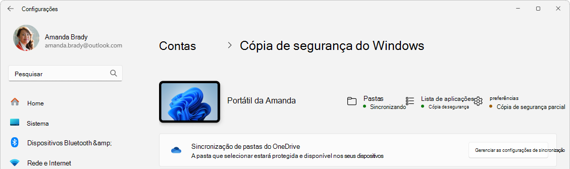 Captura de tela de Configurações mostrando o status de backup do Windows.