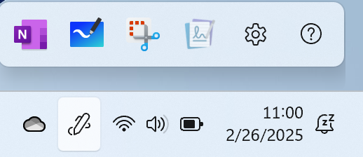 Uma captura de ecrã do menu da caneta acima da barra de tarefas no Windows 11.