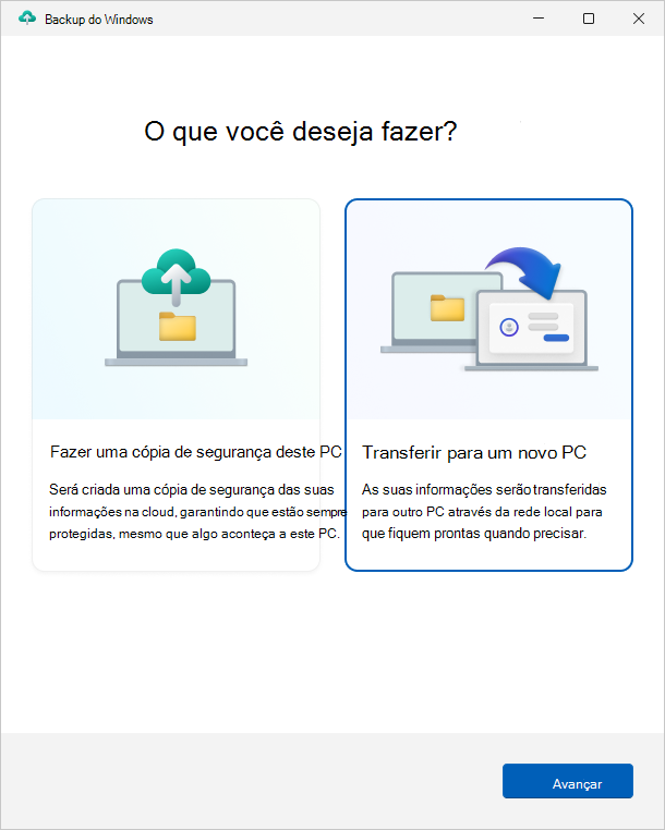 Captura de tela do aplicativo Backup do Windows mostrando a opção de transferir informações para um novo PC.