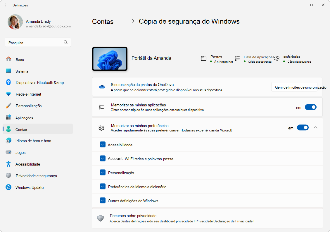 Captura de tela do backup do Windows contas de configurações >> no Windows 11.