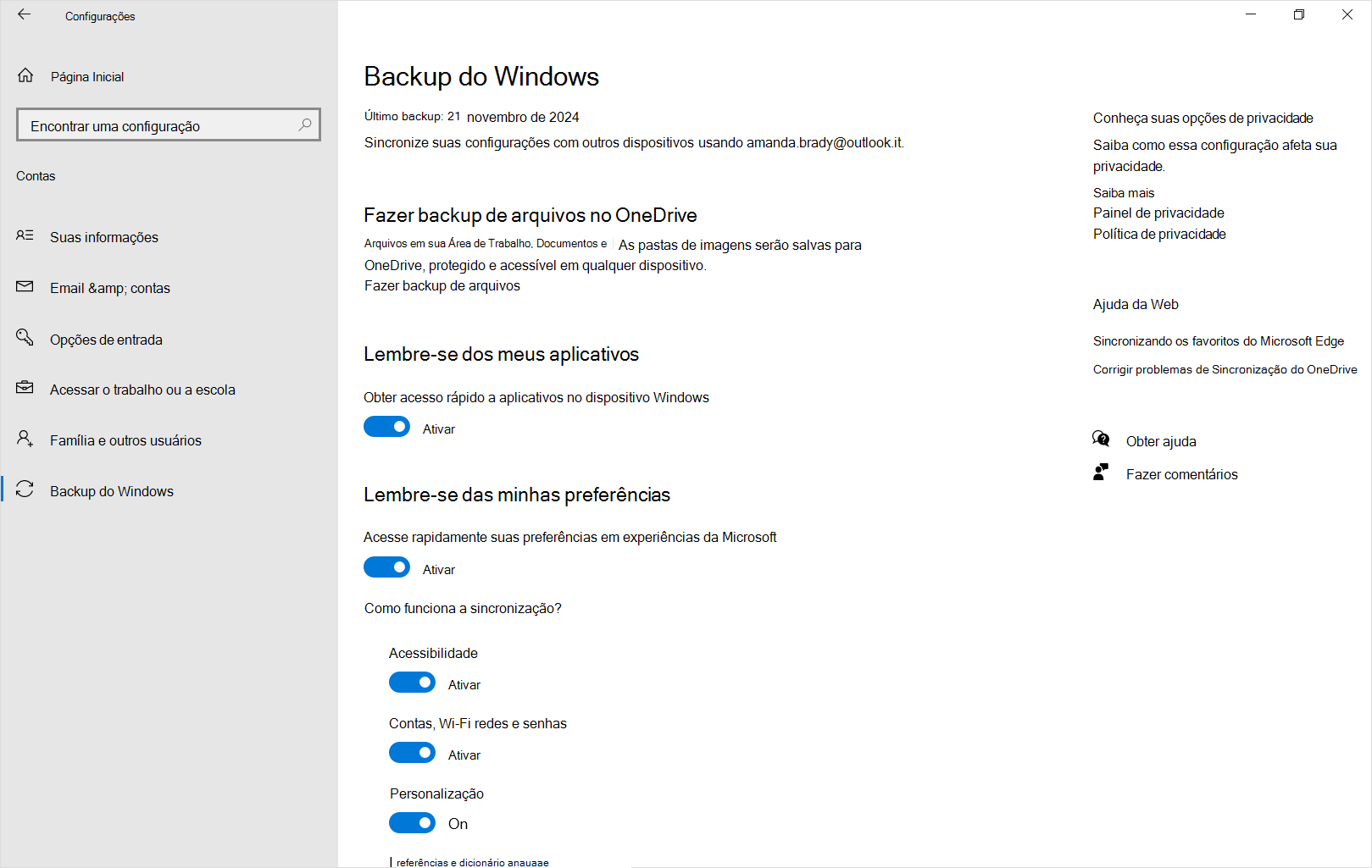 Captura de ecrã a mostrar a cópia de segurança do Windows de Definições no Windows 10.