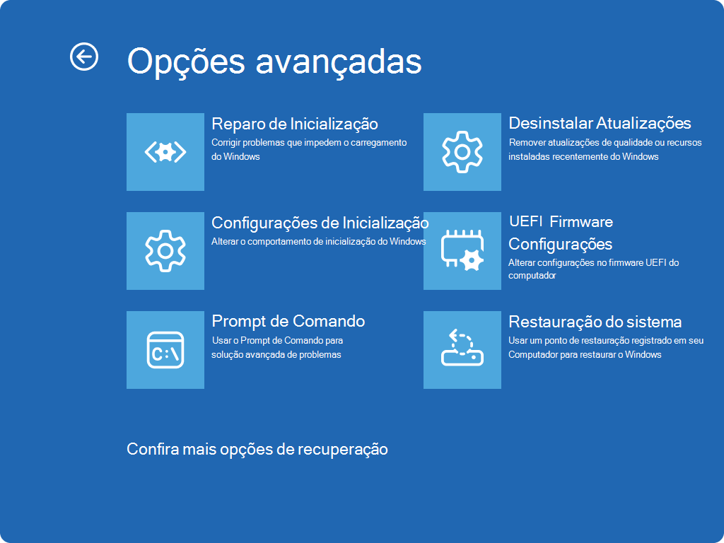 Captura de tela do Windows RE - Tela de opções avançadas.