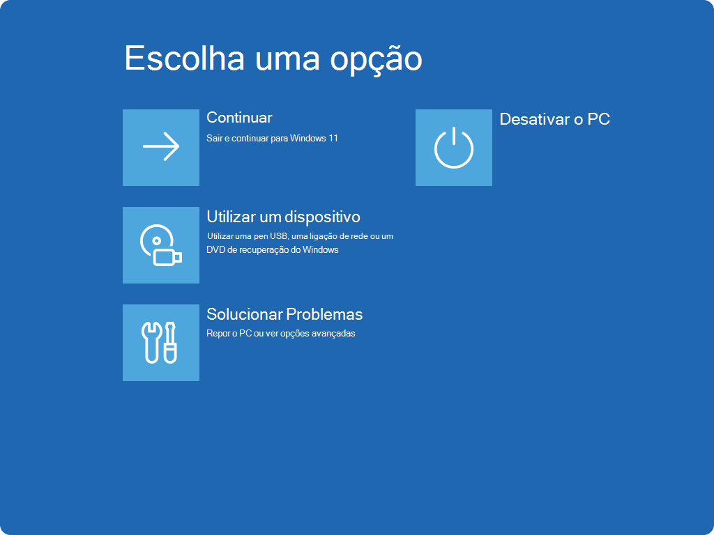 Captura de tela da tela Escolher uma opção no Windows RE.