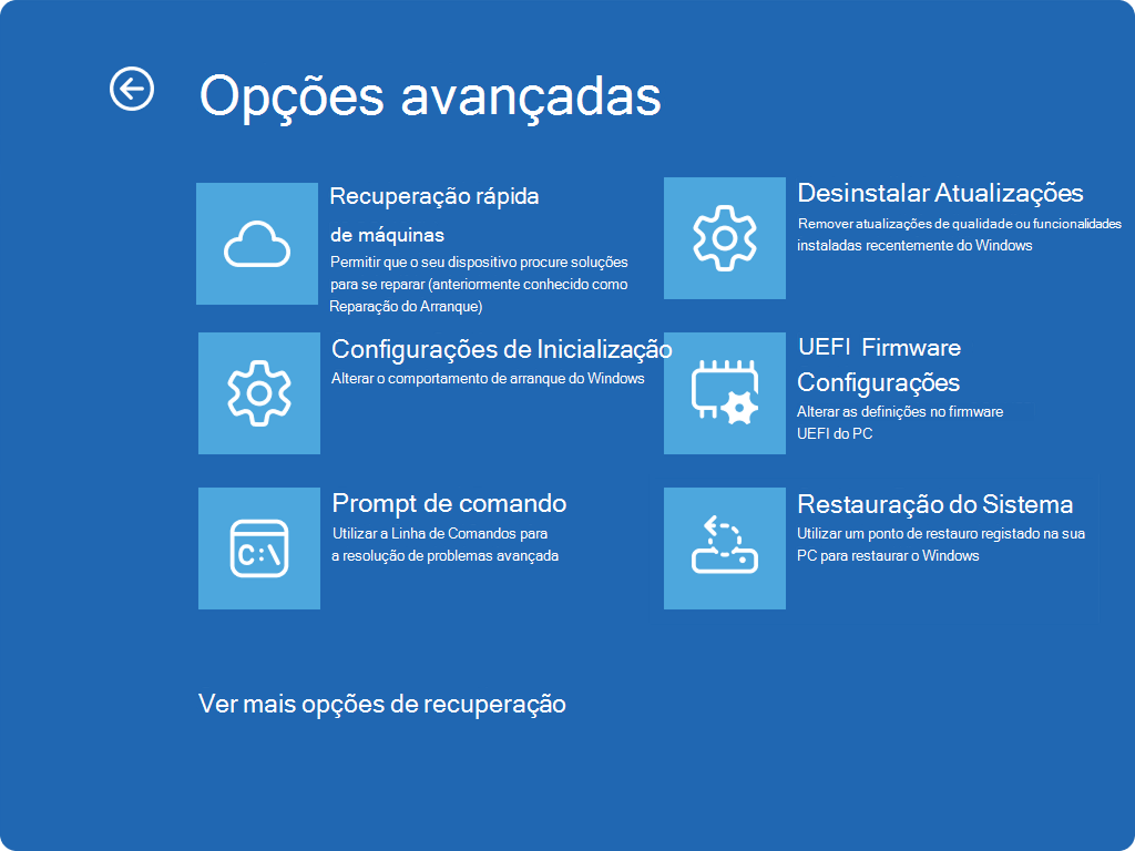 Captura de tela do Windows RE mostrando as opções avançadas e a nova entrada QMR.