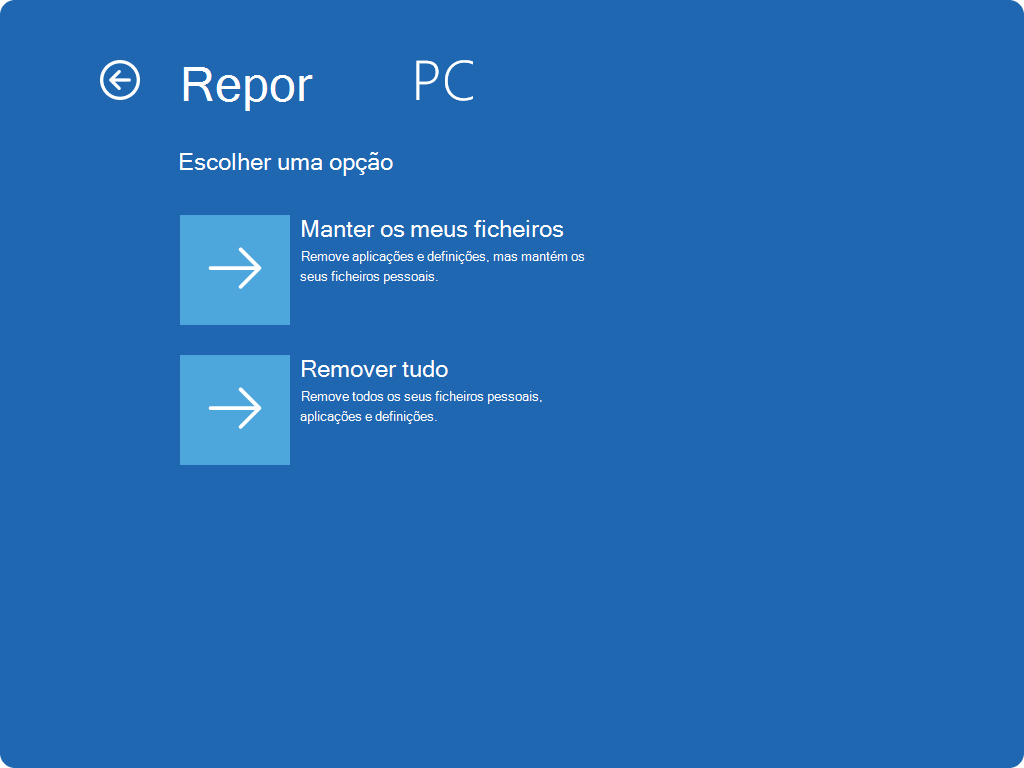Captura de tela da tela de redefinição no WinRE.