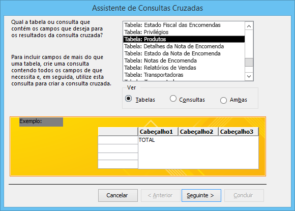 No Assistente de Consultas Cruzadas, selecione uma tabela ou uma consulta.