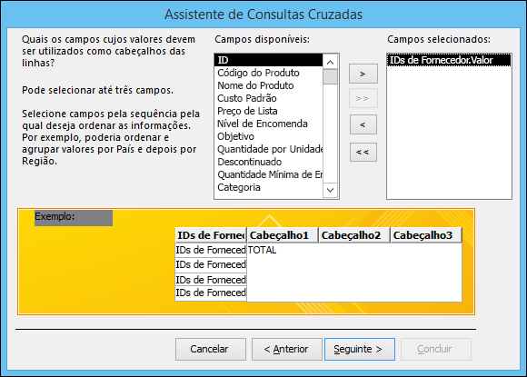 Selecione um campo para apresentar como cabeçalhos das linhas no Assistente de Consultas Cruzadas.