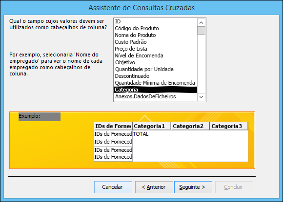Selecione um campo para apresentar como cabeçalhos das linhas no Assistente de Consultas Cruzadas.