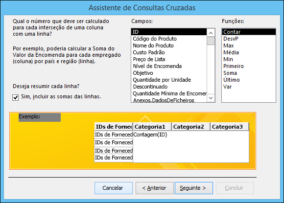 Selecione um campo e uma função a calcular no Assistente de Consultas Cruzadas.