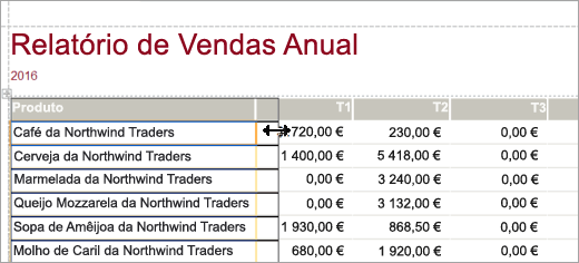 Fragmento de ecrã de Produto do Relatório de Vendas Anual