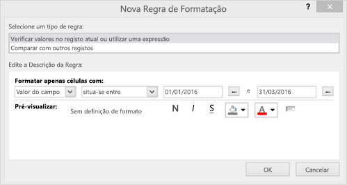 Captura de ecrã da interface da Nova Regra de Formatação
