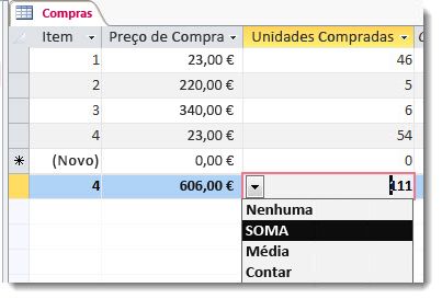 Linha de totais com funções de soma e contagem