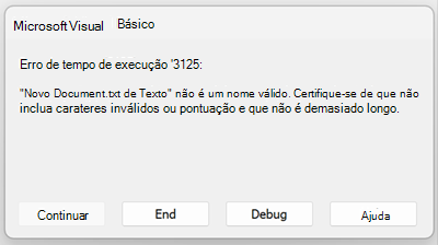 Captura de ecrã do erro de tempo de execução 3125