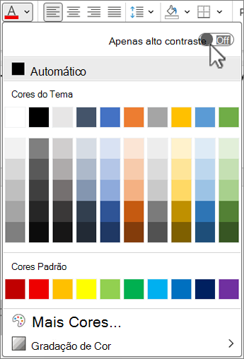Uma captura de ecrã mostra a localização do botão de alternar Apenas alto contraste.