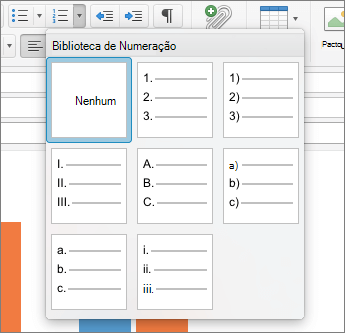 Opções de estilo de numeração disponíveis na Biblioteca de Numeração no Outlook para Mac.